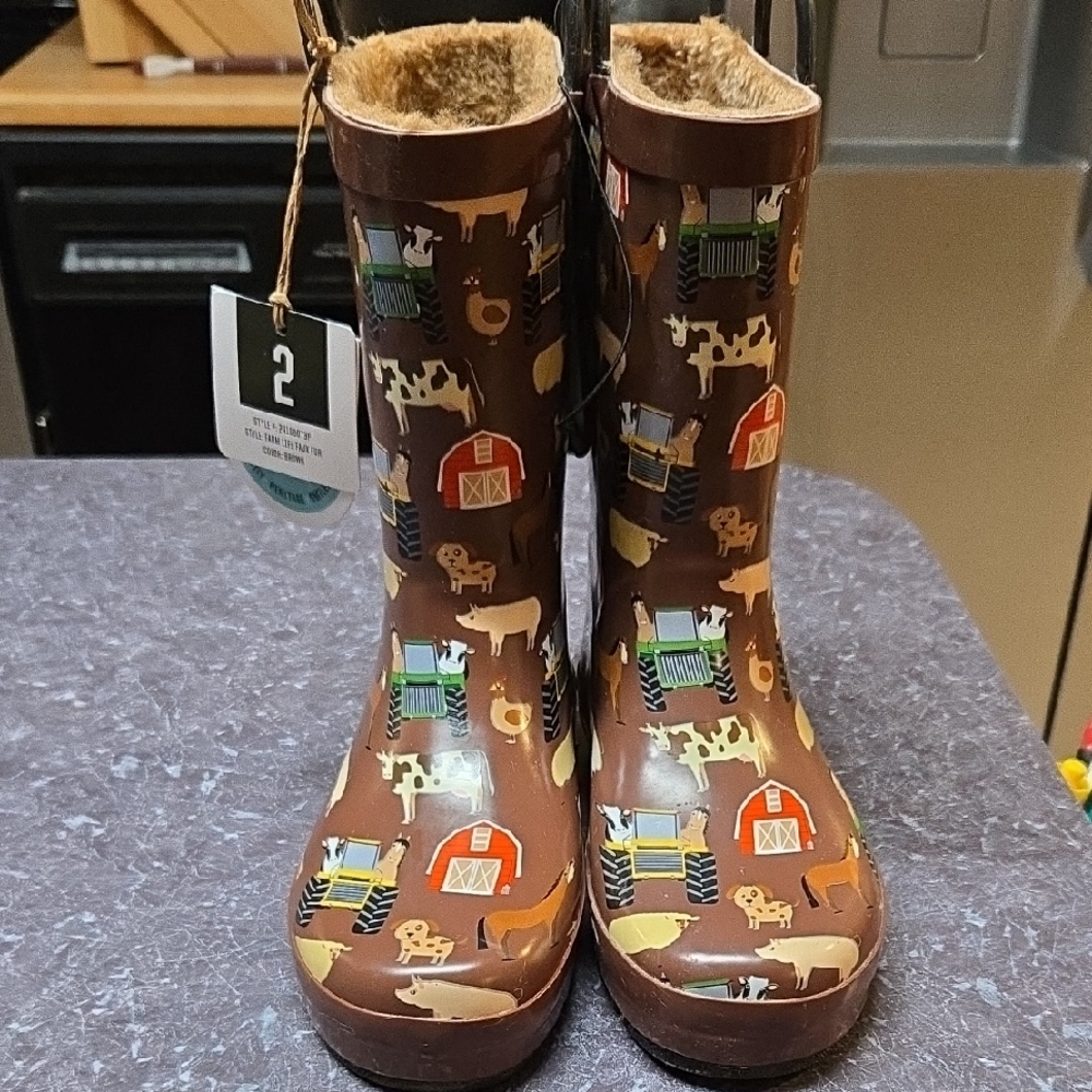 NWT Western Chief Kids Brown Farm Print Rain Boots Size 2